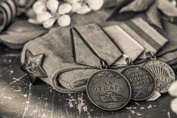 Naklejka premium Orders and medals of the USSR.Awards of the Second world war close-up.Victory Day - 9 of may 1945. Soviet military awards.Phaleristics.Antikvariat.