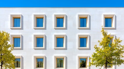 Obraz premium Building Facade with Square Windows and Trees Under a Bright Blue Sky
