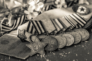 Naklejka premium Orders and medals of the USSR.Awards of the Second world war close-up.Victory Day - 9 of may 1945. Soviet military awards.Phaleristics.Antikvariat.