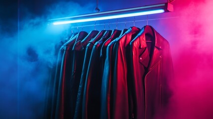 Leather Jackets Row on Hangers with Neon Smoke, Fashion ,Style