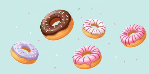 five donuts arranged in a dynamic, floating layout against a light blue background
