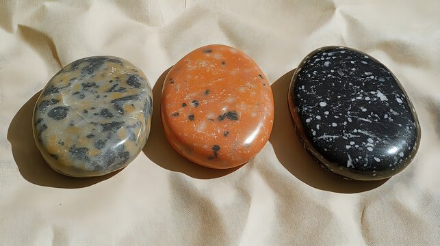 Three Polished Stones on Fabric