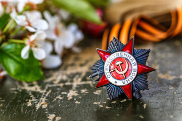 Naklejka premium Orders and medals of the USSR.Awards of the Second world war close-up.Victory Day - 9 of may 1945. Soviet military awards.Phaleristics.Antikvariat.