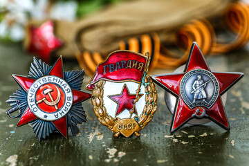 Naklejka premium Orders and medals of the USSR.Awards of the Second world war close-up.Victory Day - 9 of may 1945. Soviet military awards.Phaleristics.Antikvariat.