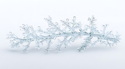 A delicate sprig of frost-covered plant, showcasing intricate icy patterns against a clean white background.  The crystalline structures highlight the beauty of winter's touch.