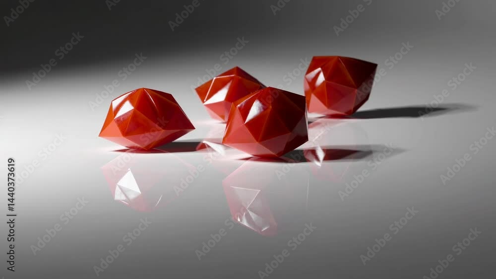 Poster four shiny red crystal polyhedrons of different sizes are laying on a reflective gray surface, creat