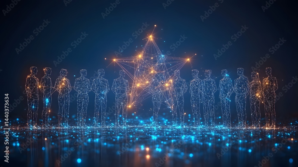 Poster interconnected individuals glow in a digital realm. a central star, mirroring the networked design, 