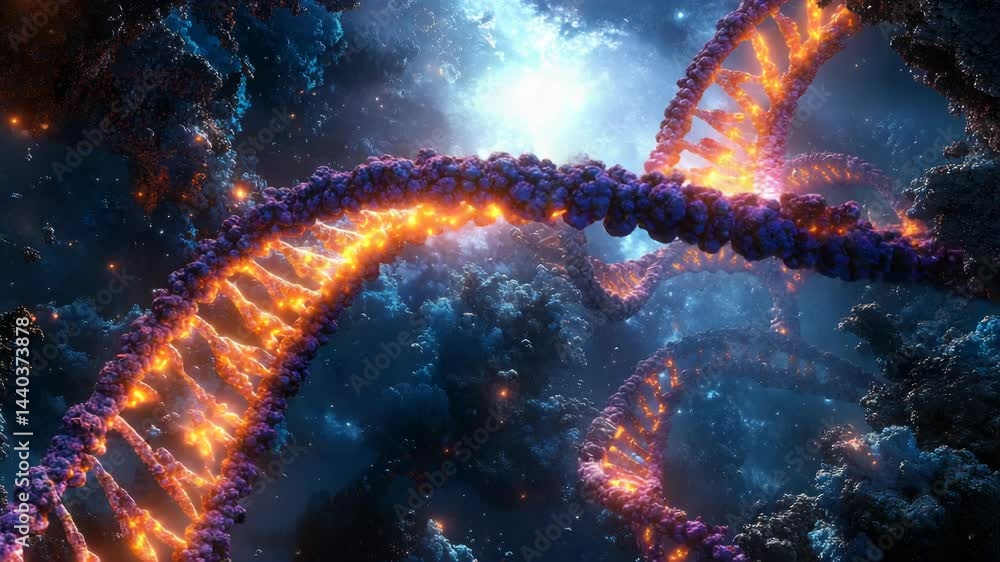 Poster futuristic digital visualization of a glowing dna double helix floating in cosmic space,representing