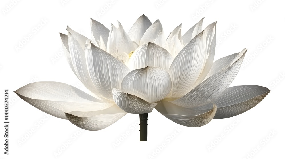 Poster close-up of a pristine white lotus flower, isolated on a white background. delicate petals show intr