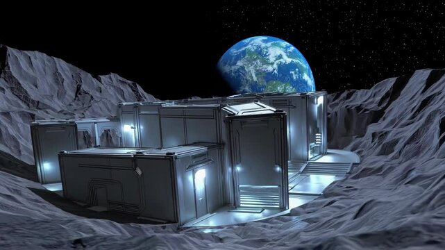 Futuristic moon base nestled in a crater, emitting a soft glow, creates a striking contrast against the dark lunar landscape, with earth visible in the distance