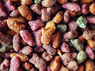 Cat pellet food, close-up of dry cat food mix, Pet Food Texture