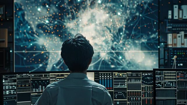 Meteorologist observing cyclone formation on large screen behind dispatcher panel