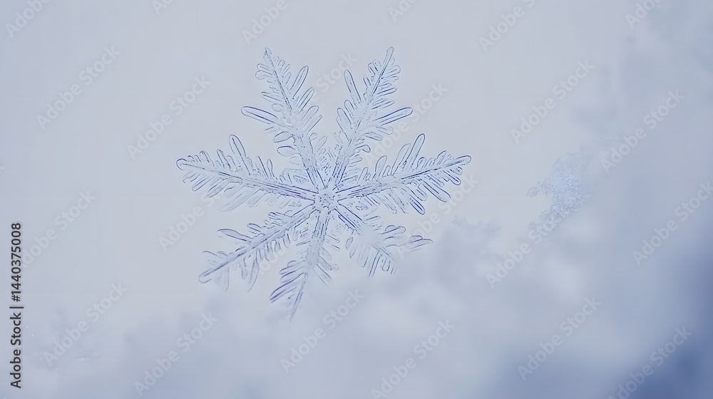 Poster intricate, detailed close-up of a single snowflake on a soft, blurred background of snow. the snowfl
