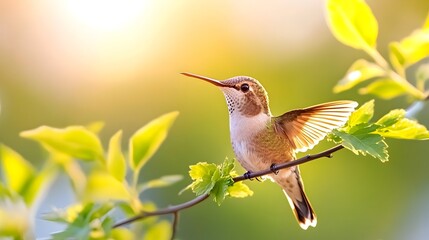 Naklejka premium A tiny bird with iridescent feathers perches on a branch, wings slightly spread, bathed in warm sunlight amongst vibrant green leaves