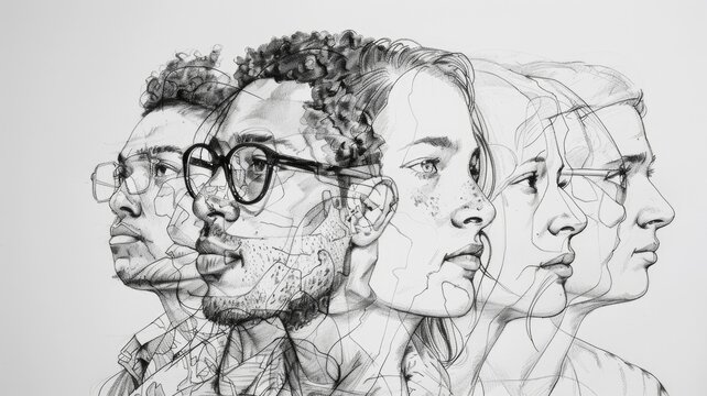 The picture of different people in a group sketched by black pencil using shading to express emotional and shape of human through drawing line convey sense of diversity atmosphere in society. AIG53.