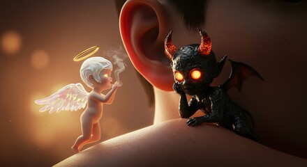 Angel and Devil Character on Shoulder Representing Good and Bad Choices