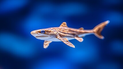A juvenile shark with brown and tan stripes swims in a deep blue aquarium