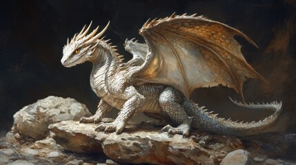 Majestic young dragon perched on rocks