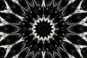 Symmetrical kaleidoscope with radiating lines and sharp angles, monochrome, contemporary, design