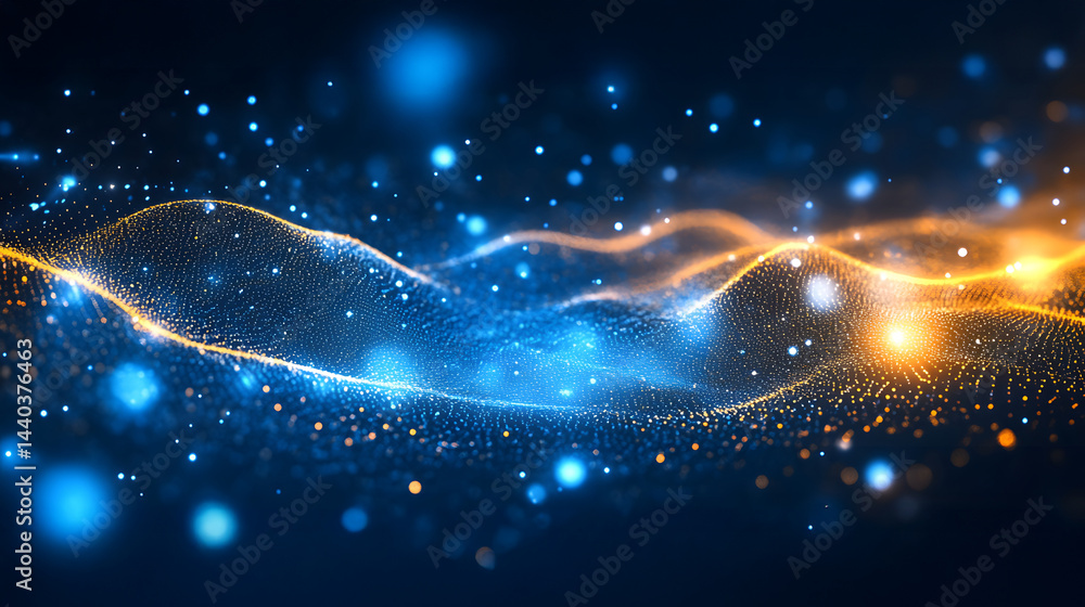 Aufkleber Dynamic abstract with luminous particles forming a wave, shifting from blue to orange. Blurred spheres enhance depth and create an ethereal feel. Abstract wireframe in dark blue