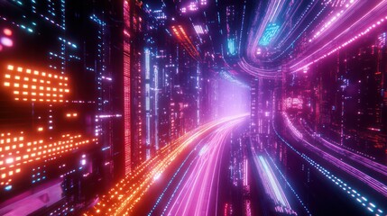 Futuristic city tunnel with neon lights