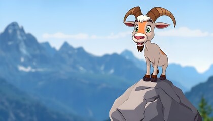 Cartoon Mountain Goat Standing on Rock with Scenic Alpine Background