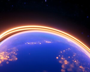 Illuminated globe encircled by a glowing orange band, set against a dark space backdrop speckled with stars