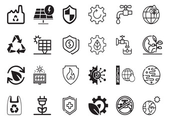 Set of 24 outline ecology and environment, recycling, nature protection, renewable energy and sustainable technology Vector illustration and with recycling editable vector isolated
