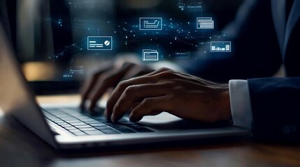 A close-up of a businessman's hand using a laptop, with floating icons for documents, loans, and contracts, representing the digital case study process
