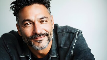 Fototapeta premium Close-up portrait of a handsome middle-aged man with salt and pepper beard and hair, wearing a dark denim jacket. He's smiling subtly, conveying confidence and approachability.