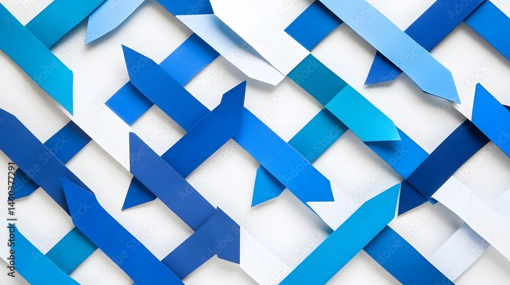 Poster abstract background with interwoven blue and white paper strips creating a dynamic, geometric patter
