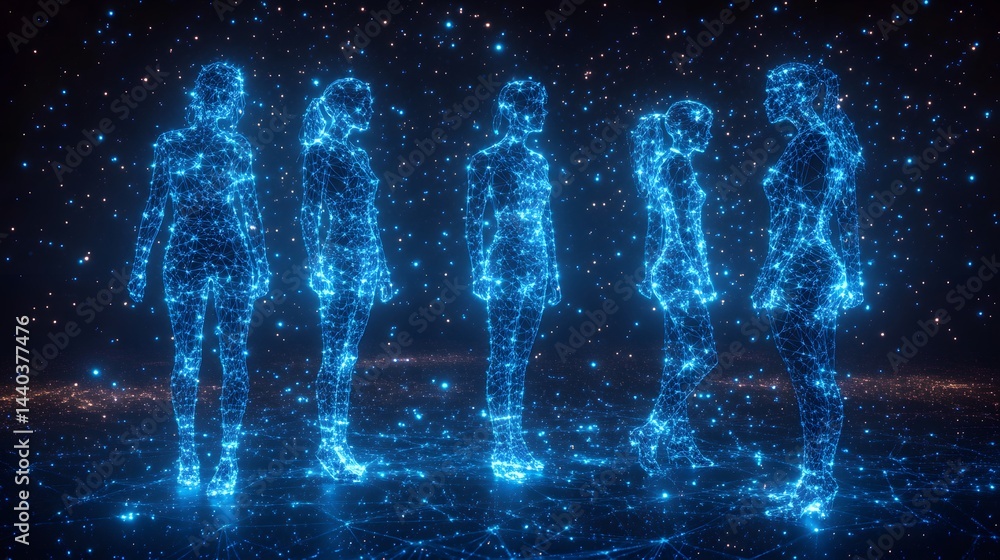 Poster stylized digital figures, constructed from blue dots and lines, stand in a cosmic environment filled