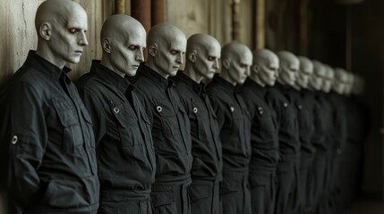 Pale Figures in Uniform Stand in a Line Against a Gray Wall