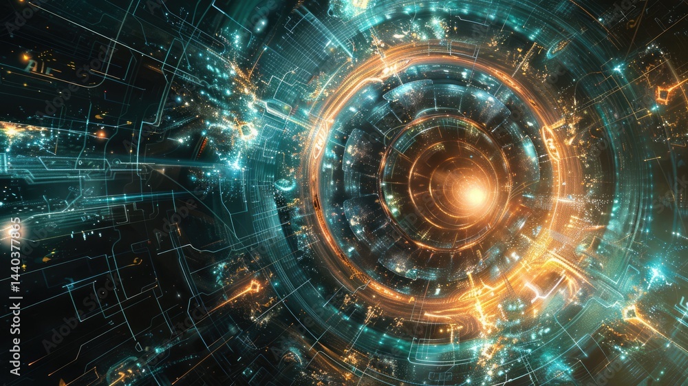 Aufkleber an abstract visualization showcasing a quantum accelerator concept, featuring vibrant blue and orang