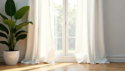 Soft white linen curtains, gentle light diffusion , interior, product photography