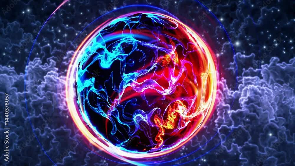 Poster abstract swirling energy sphere with glowing blue and red light trails rotating in vibrant nebula cl