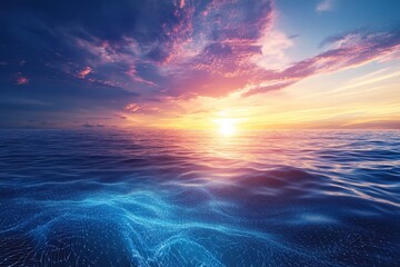 Vibrant sunset over calm ocean water with colorful clouds reflecting hues of orange and blue in the serene sky