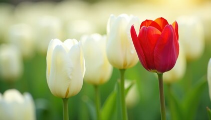 Single red tulip among white tulips, vibrant contrast, noticeable, outstanding