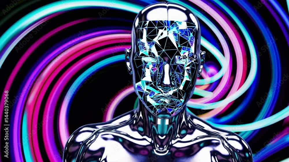 Poster metallic android featuring a fragmented face, experiencing a swirling stream of virtual reality data