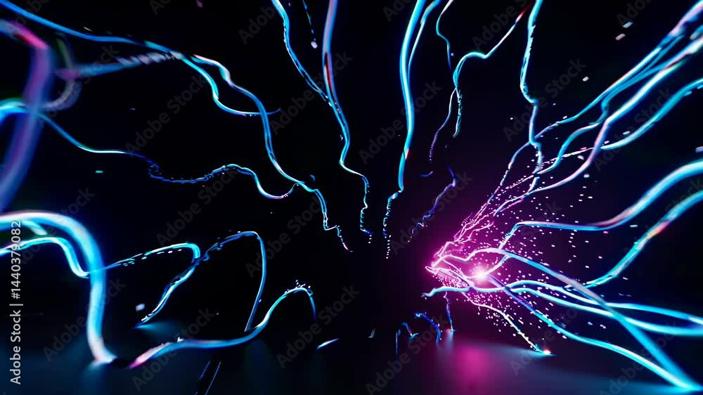 Poster bright neon lines exploding from the center create a dynamic big bang effect, surrounded by glowing 