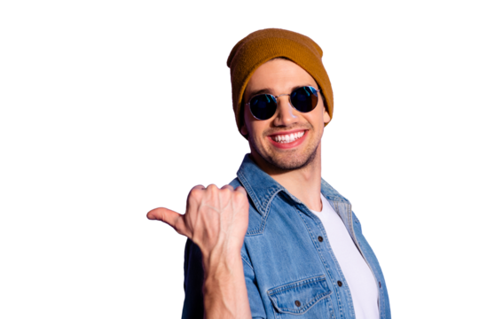 Photo of cheerful handsome attractive guy showing you way to reaching success wearing jeans denim jacket eyewear eyeglasses spectacles isolated over purple vivid color background