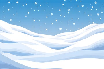 Snowy landscape with gently rolling hills under a softly falling snow, clear blue sky