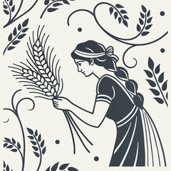 Woman gathering wheat in a traditional farmer's style against a decorative background of leaves and vines Generative AI