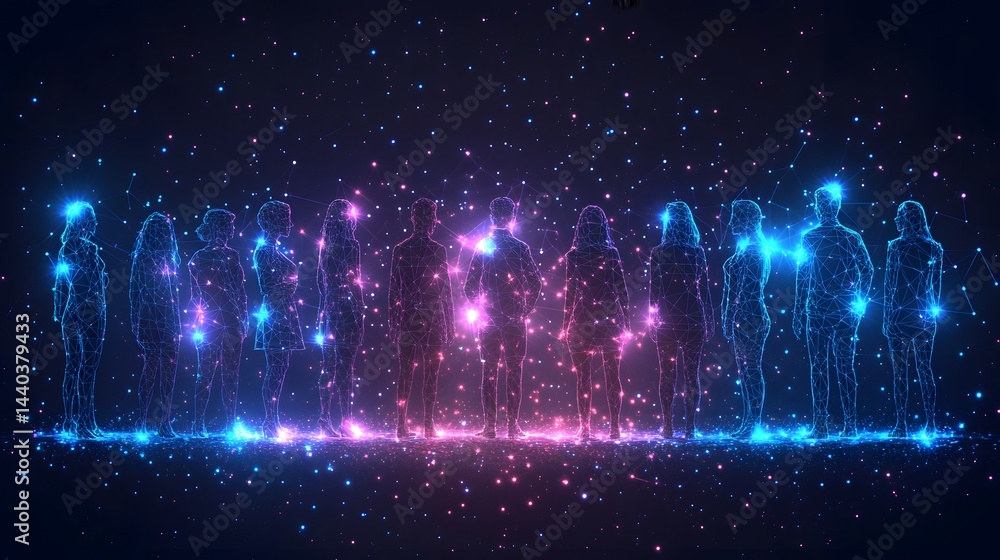 Poster futuristic figures glow against a starlit backdrop, formed by digital lines and dots. the vibrant bl