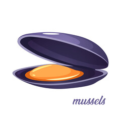 Fresh ocean Mussels in shell with lettering isolated on white background. Seafood, mediterranean diet