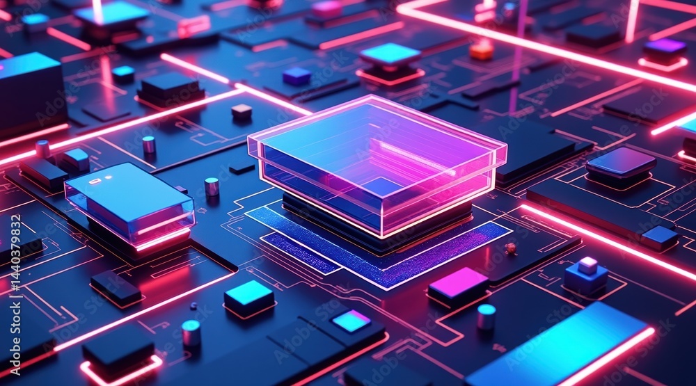 Poster futuristic circuit board with neon lights and a glowing central processor, showcasing advanced techn