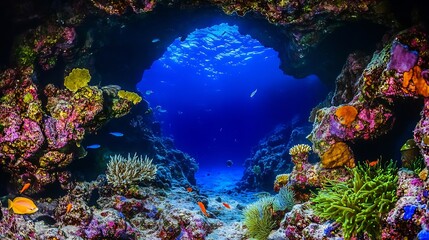 Fototapeta premium Colorful underwater reef cave illuminated soft blue light aquatic fish weaving between coral formations the tide gently moving marine plants at the entrance cut out on isolated transparent background