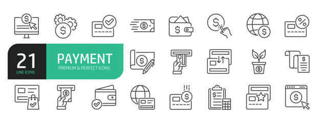 Set Of Payment Line Icons. Contains such icons as Money, Secured Payment, Cash, Credit Card, Exchange, Contactless, Cheque, Withdrawall, and more.