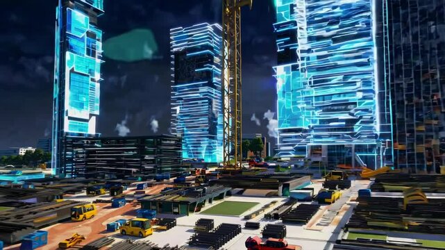 Tower cranes are building modern skyscrapers with a futuristic neon blueprint design in a bustling city construction site, showcasing innovation and development