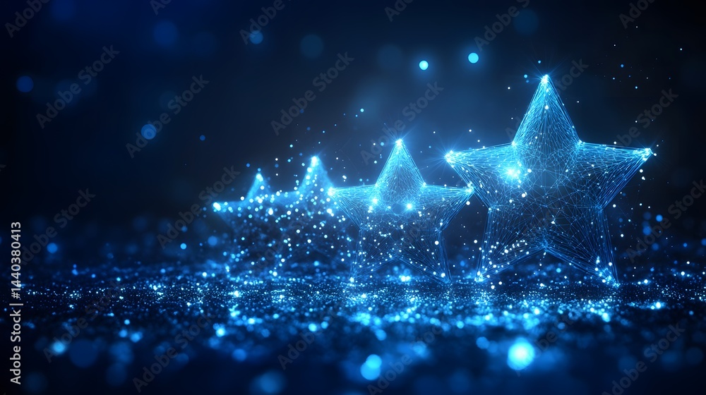 Poster three futuristic, blue, glowing stars ascend in size, emanating ethereal light on a glittering surfa